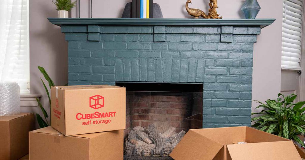 Fireplace with CubeSmart boxes