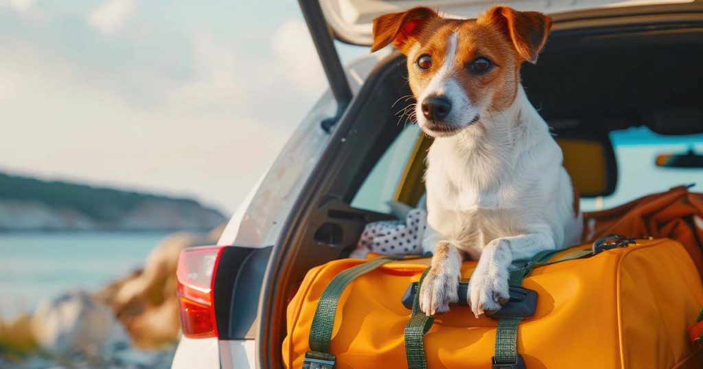 a dog sitting on a duffle bag