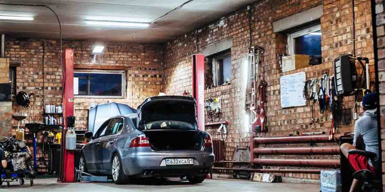 Silver car in garage