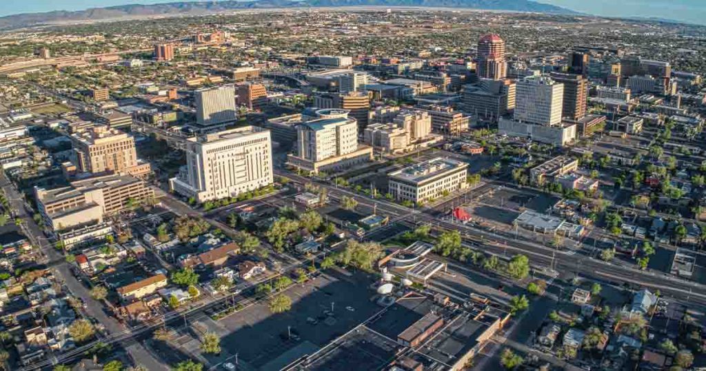 a birds eye view of Albuquerque city