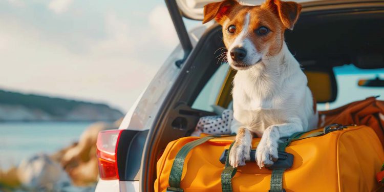 a dog sitting on a duffle bag