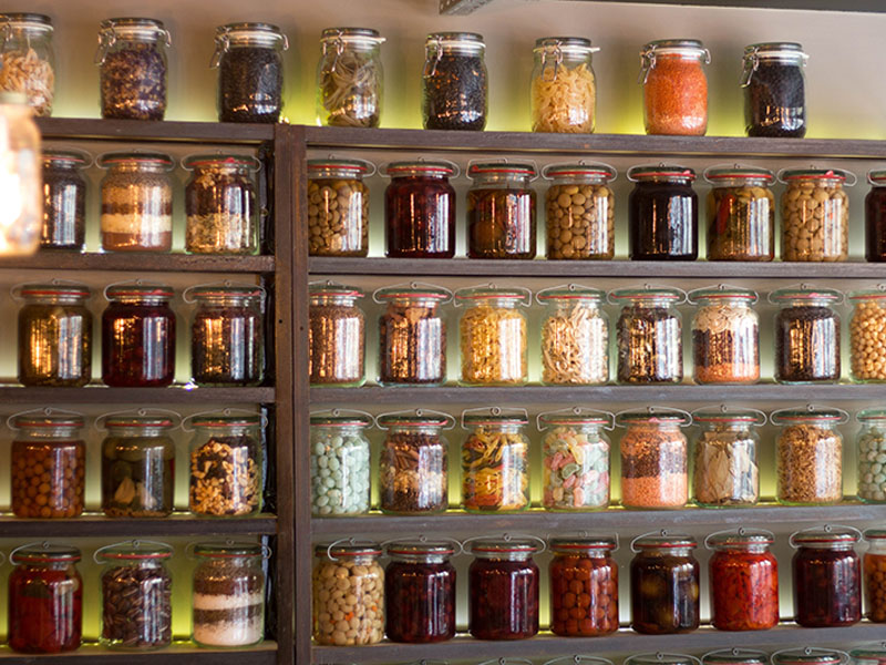 Canned goods on shelf.