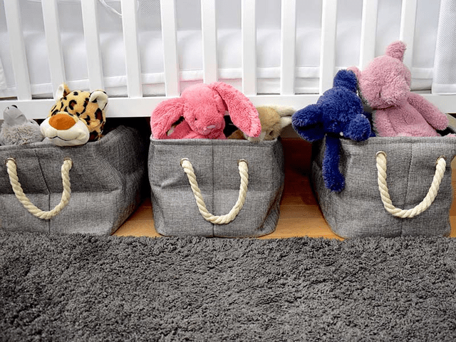 Stuffed animals in cloth baskets