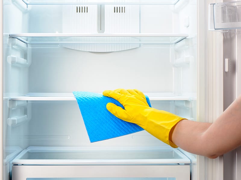gloved arm cleaning empty refrigerator