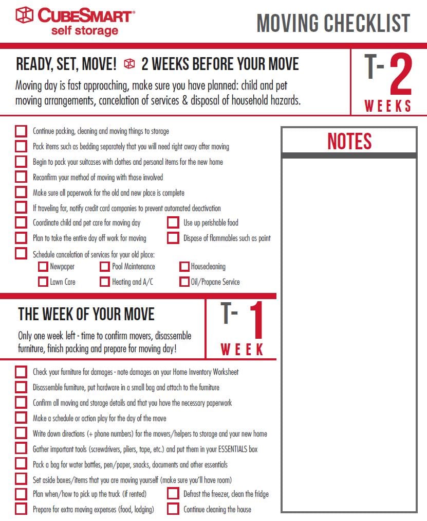 Moving checklist at 2 weeks