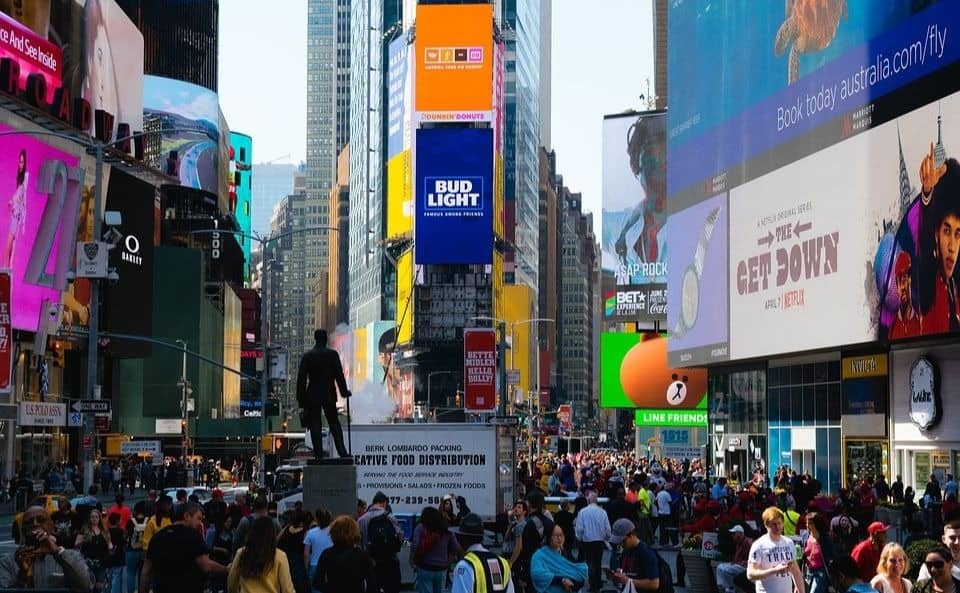 Crowds of people at Times Square in NYC