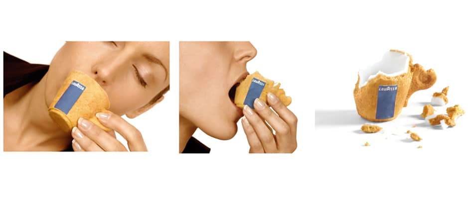 Woman drinking coffee then eating the cup