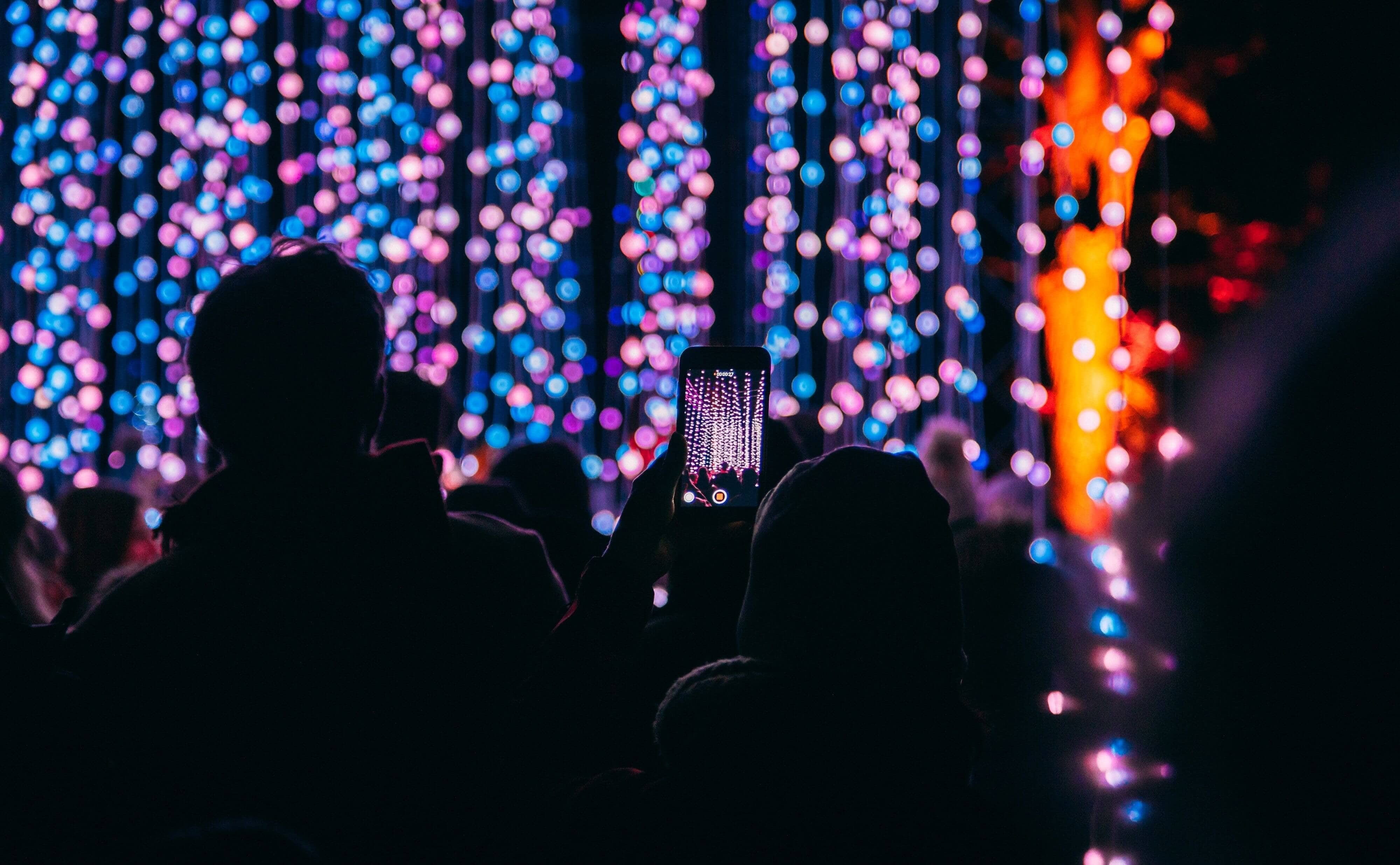 person taking photo of holiday lights
